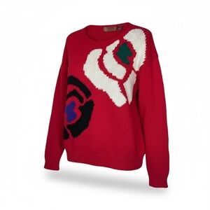 Vintage Worthington Sweater L Petite | Red Floral Knit | 80s 90s Retro Korea
